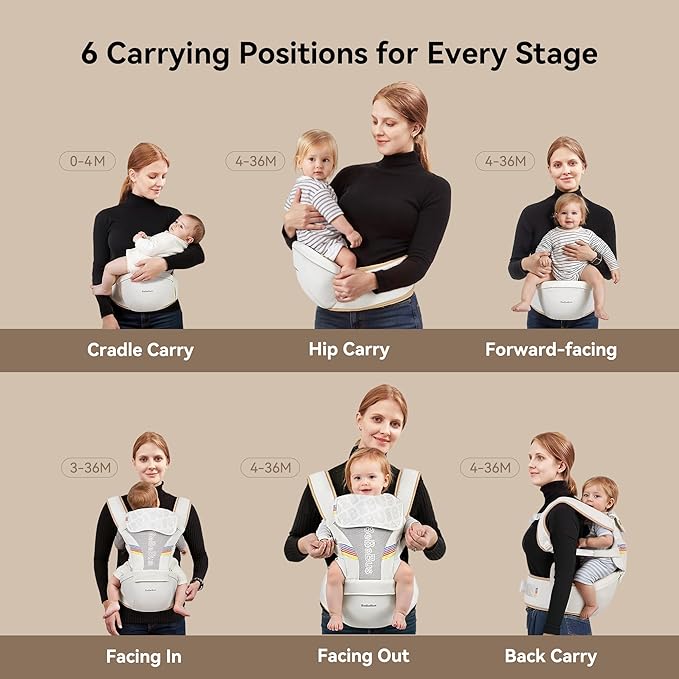Baby Carrier with Hip Seat, BeBeBus 2-in-1 Ergonomic Newborn to Toddler Carrier up to 44 lbs, Detachable Hands-Free for Infant, All Season Forward-Facing Carry, Fits Waist Sizes up to 38 inch (White)