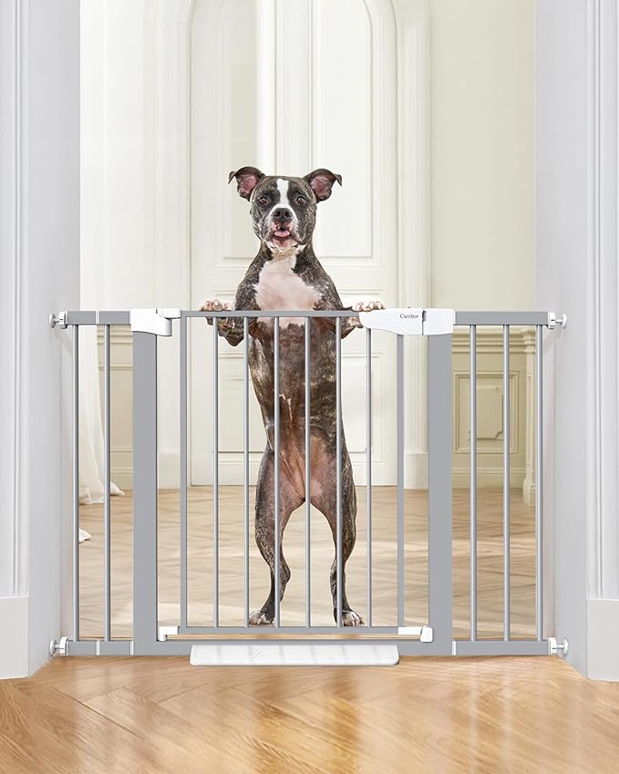 Cumbor 29.7-46" Baby Gate for Stairs, Gifts for Mom-Auto Close Dog Gate for The House, Easy Install Pressure Mounted Pet Gates for Doorways, Easy Walk Thru Wide Safety Gate for Dog, Gray
