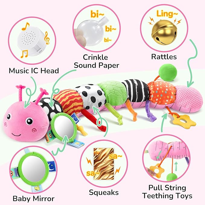 Baby Toys 6-12 Months Music Caterpillar Infant Toys Stuffed Animals 0-3-6 Months Teething Tummy Time Sensory Toys with Mirror Rattle&Pull String for Boys Girls Birthday Gifts|Pink,Knot Limb