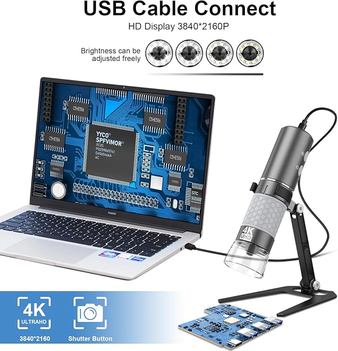 4K 3840x2160p WiFi Digital Microscope for iPhone Android Phone and Windows Mac PC, Wireless Handheld Microscope Camera, Portable Microscope with Metal Stand for Adults and Kids