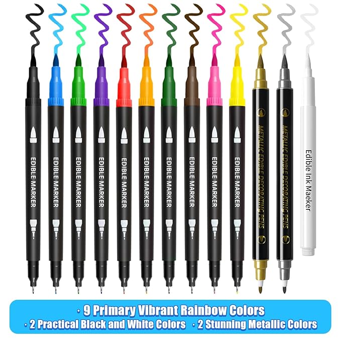 Edible Markers, Colorful Metallic Gold Food Coloring Pens, 13 pcs Writer with Brush Tip for Decorating Cookies, Fondant, Gum paste, Icing, Macarons, DIY Easter Eggs, Marshmallows, Fruits.