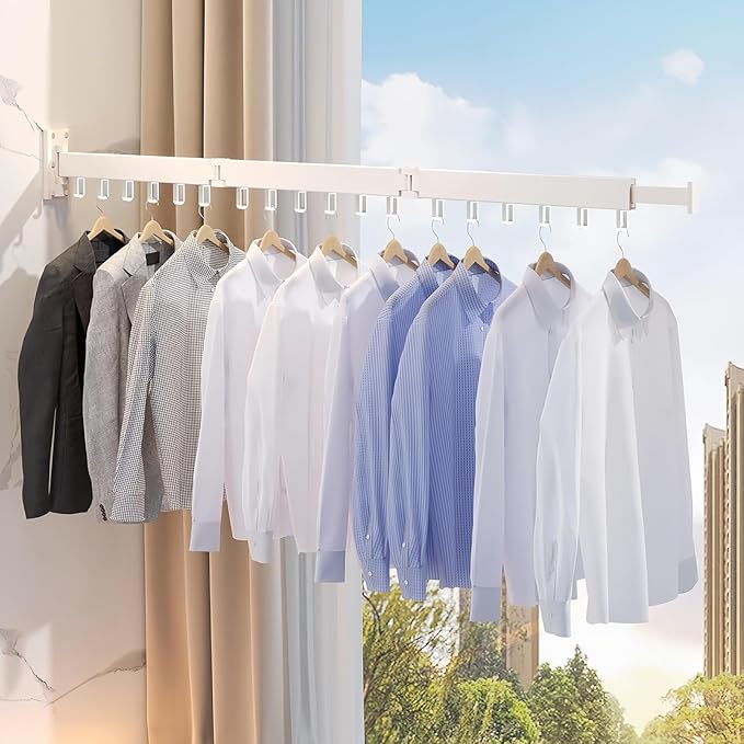 Clothes Drying Rack Wall Mounted,Space Saving Wall Drying Rack,Retractable Collapsible Tri-Fold,for Bathroom,Balcony,Outdoor lndoor with Laundry,White
