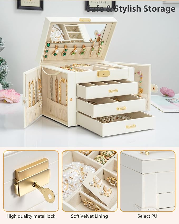 AKOZLIN Large 4-Tier Jewelry Box Leather Jewelry Storage Organizer with 3 Drawers Lockable for Women Girls Ring Necklace Earring Bracelet Watches Holder with Mirror White