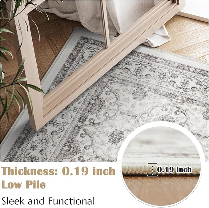 jinchan Floral 5x7 Area Rugs for Bedroom - Machine Washable Vintage Distressed Boho Design Throw Rug Stain Resistant Carpet Low-Pile Thin Non-Slip for Nursery Living Room Dining Room (5‘x7',Beige)
