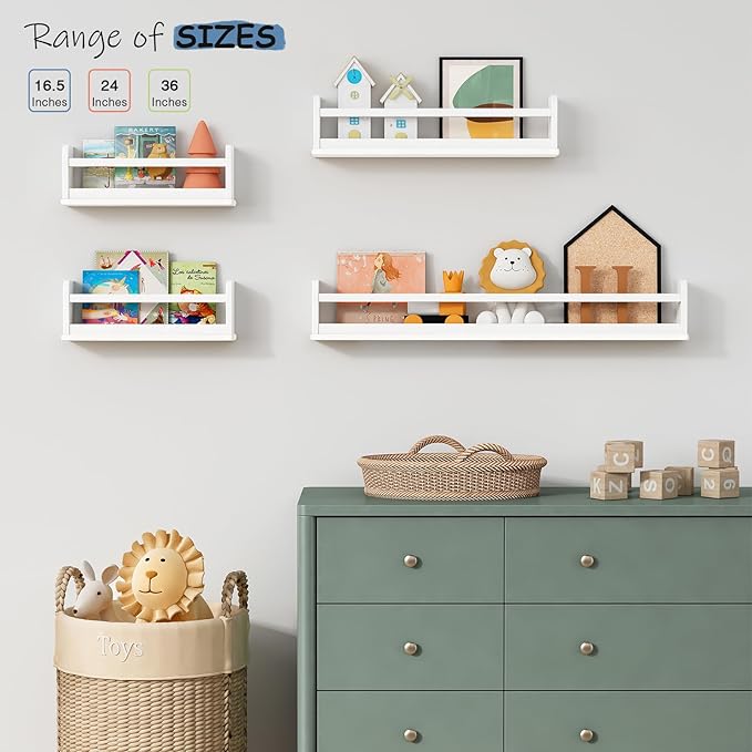 24 Inch White Wall Bookshelf for Kids Room, Floating Nursery Book Shelves Wall Mounted with Lip and Hanging Rod for Baby Girl Boy Bedroom, Large Corner Hanging Children Bookshelves -Set of 3