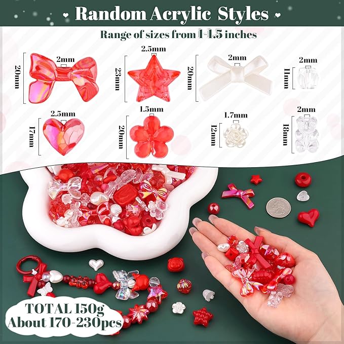 Assorted 170-230PCS Red Acrylic Beads for Bracelet Making, Flower Bow Butterfly Candy GummyBear Aesthetic Bracelet Charms,Cute Beads for Jewelry Making DIY Necklace Keychain Phone Charm