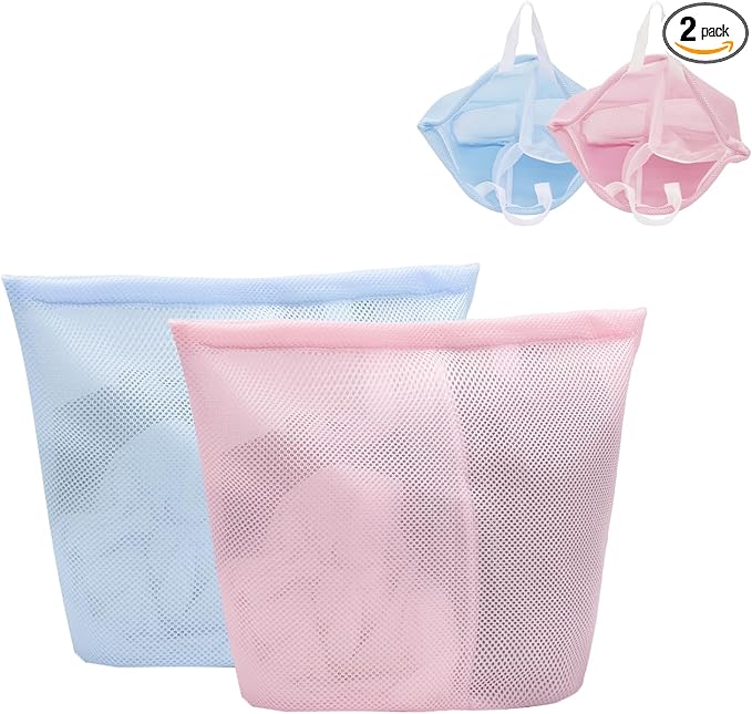 2 Pcs Special Zoning laundry bag for delicates with handles mesh laundry bags washing machine laundry totes travel storage and sorting bag(Pink-Blue)