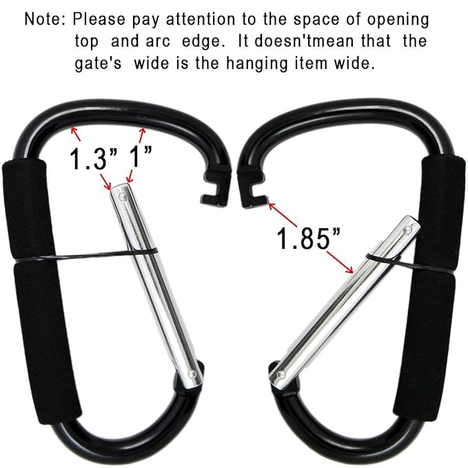 Large Stroller Hooks for Mommy, 2 pcs Carabiner Stroller Hook Organizer for Hanging Purses, Diaper Bag, Shopping Bags. Clip Fits Single/Twin Travel Systems, Car Seats (Black+Rose)