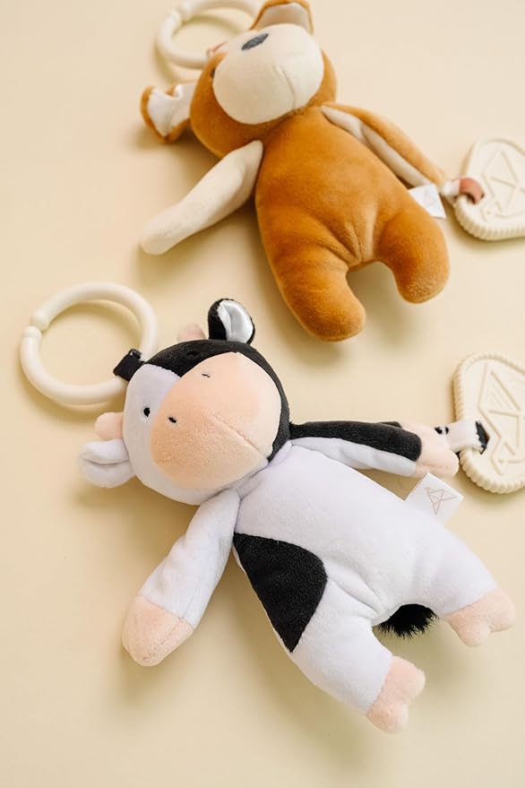 Copper Pearl On-The-Go Plush: Clip On Baby Toys for Travel, Soft Stuffed Cow Plush with Teether for Sensory Development - Colby Cow