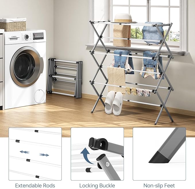 APEXCHASER Drying Rack Clothing, Clothes Drying Rack Foldable, Laundry Drying Rack Expandable, Small Clothe Hanger for Baby Clothes Towels Bibs, Socks, Clothes Airer for Indoor Outdoor Use, White/Grey