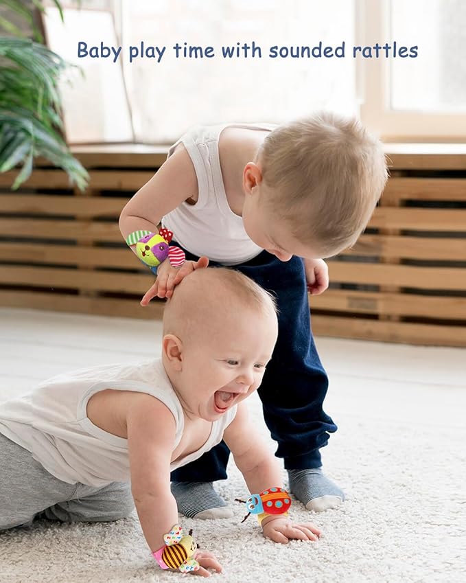 Bloobloomax Soft Baby Rattle Wrist Rattle Foot Finder Socks Set,Cotton and Plush Stuffed Infant Toys,Birthday Holiday Birth Present Gift for Newborn Boy Girl Kids Toddler (8pcs-B Set)