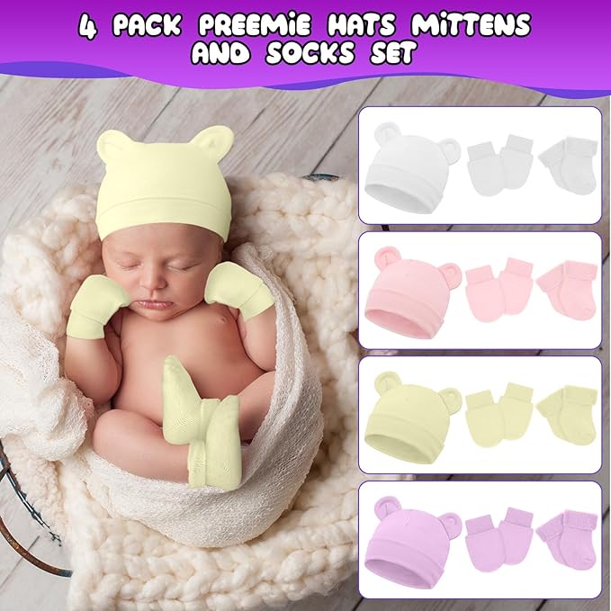 Cuffbow 4 Pcs Preemie Hats Mittens and Socks Set Preemie Mittens Warm Terry Socks for Baby
