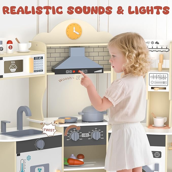 ANPABO Play Kitchen for Kids, Wooden Kitchen Playset w/Real Lights & Sounds, Coffee & Ice Maker, Microwave, Stove, 30Pcs Accessories Include Play Food, Pretend Play Set for Boys & Girls, Yellow