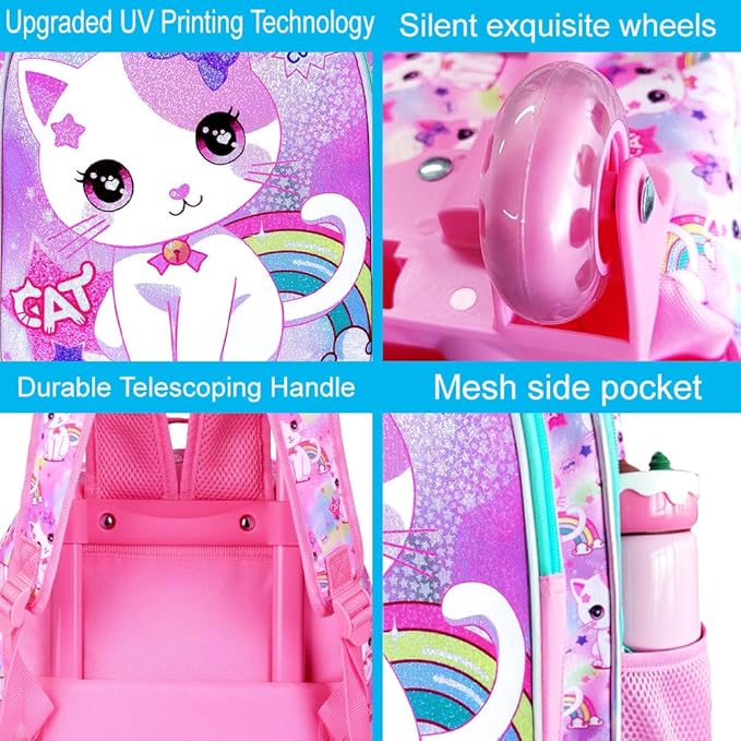 Girls Rolling Backpack, Cute Cat Roller Wheels Kids Bookbag - Wheeled Elementary School Bag - 3PCS Cat