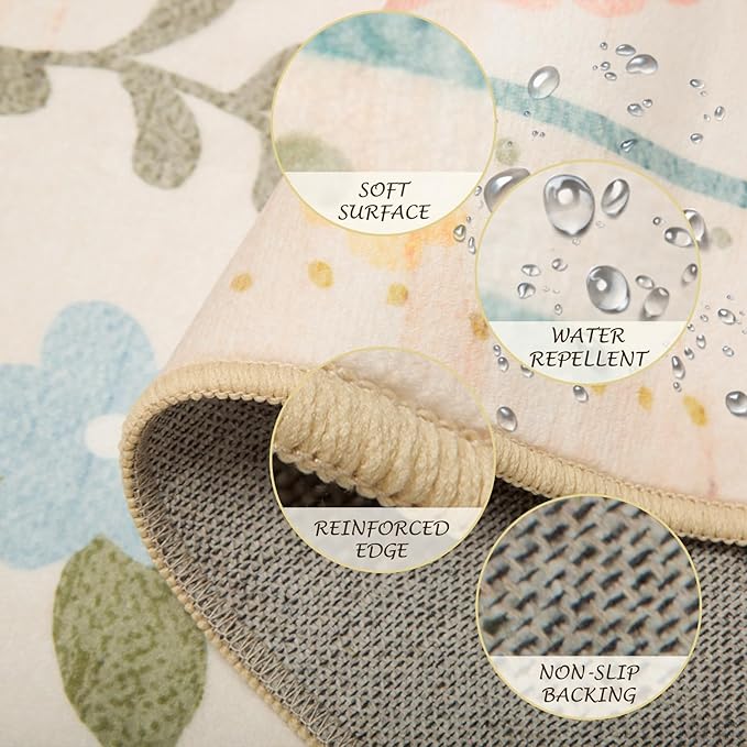 Floral 4ft Area Rug Machine Washable Soft Print Boho Carpet Non Slip Doormat Low Pile Flower Area Rugs for Living Room Bedroom Nursery Kitchen Dining Room Indoor-Beige/White/Orange