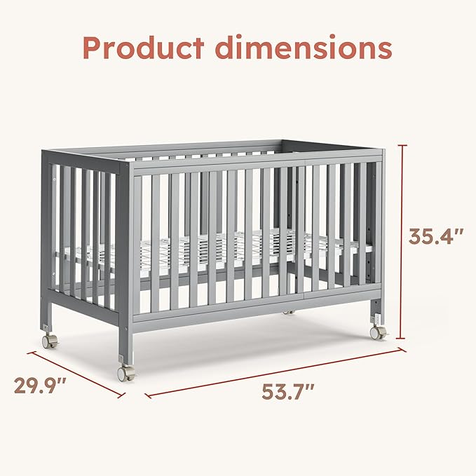 EvoNest Baby Crib, 11 in 1 Convertible Mini Crib with Wheels, 100% New Zealand Wood Growing Bed, 4 Adjustable Mattress Height,Grey