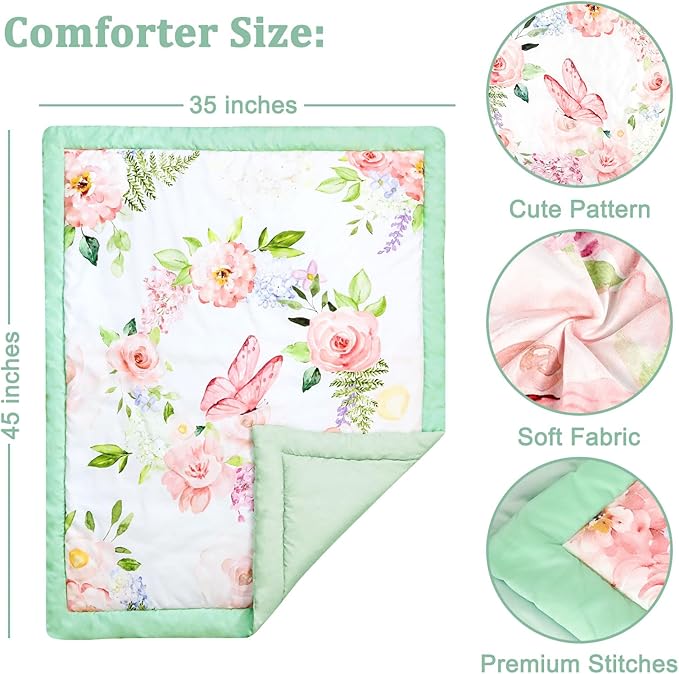 4-Piece Crib Bedding Set, Baby Girl Crib Bedding Set Butterflies Floral Nursery Bedding Set Includes Comforter, Fitted Crib Sheet, Crib Skirt, and Diaper Stacker, Green & Pink