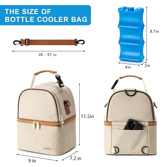 Breastmilk Cooler Bag with Ice Pack Fits 6 Baby Bottles up to 9 Ounce, Breast Milk Pump Cooler Bag with Shoulder Strap for Nursing Mom Daycare, Work, Travel- Cream