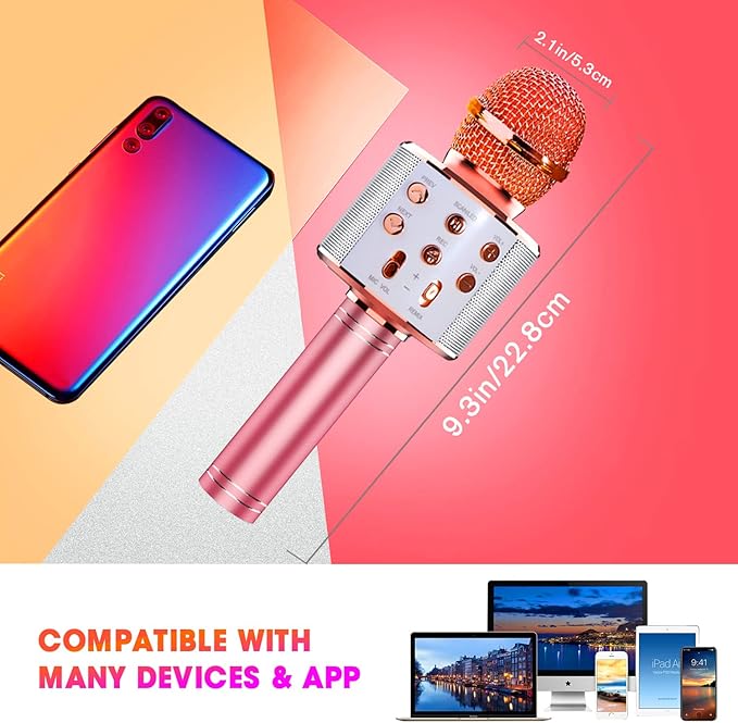 BlueFire 4 in 1 Karaoke Wireless Microphone with LED Lights, Portable Microphone for Kids, Great Gifts Toys for Kids, Girls, Boys and Adults (Pink)