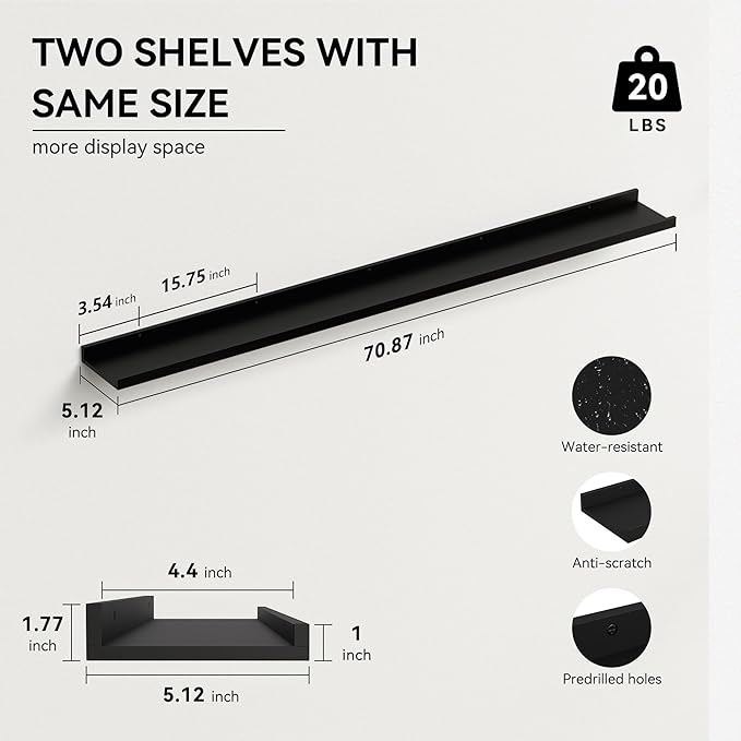 70.9 Inches Long Floating Shelves, 2 Set Modern Wall Shelf for Bedroom, Nursery Book Shelf with Lip, Picture Ledge Shelf for Wall Decor Living Room Bathroom Kitchen - Black