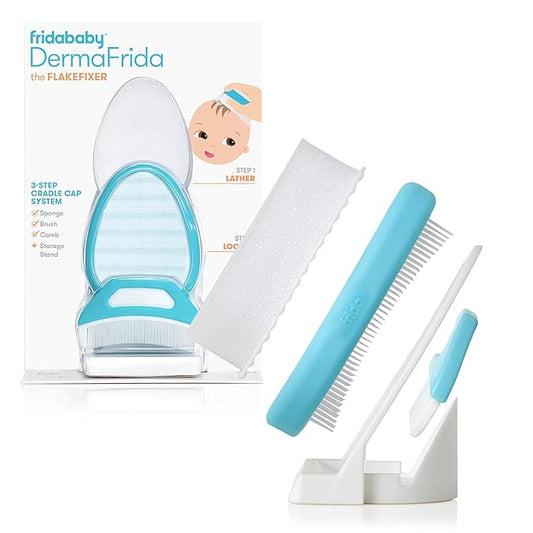 Frida Baby The 3-Step Cradle Cap System, DermaFrida The FlakeFixer, Sponge, Brush, Comb and Storage Stand for Babies with Cradle Cap, White-Blue