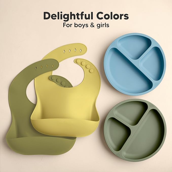 KeaBabies 2-Pack Silicone Baby Bibs for Eating - Sturdy Food-Grade Silicone Bibs for Babies Girl, Boy, Large Food Catcher, Clean & Put On Easily, Waterproof Toddler Feeding Essentials (Olives)