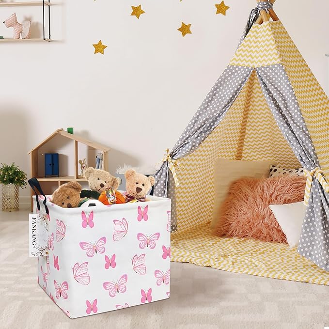 FANKANG Square Nursery Hamper Storage Bins Canvas Laundry Basket Foldable with Waterproof PE Coating Storage Baskets Gift Baskets for Children, Office, Bedroom, Clothes（Square-pink butterfly ）