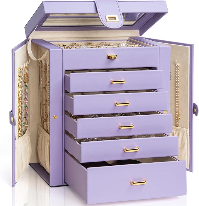AKOZLIN Large Jewelry Box Organizer Functional Lockable with Big Mirror, Leather Jewelry Storage Case for Women Girls Ring Necklace Earring Bracelet Holder Organizer Violet