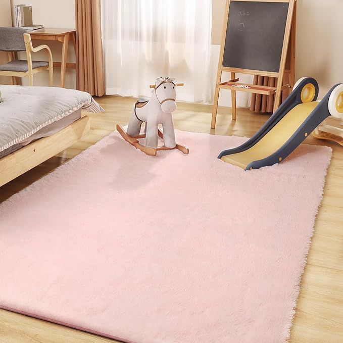 Fluffy Pink Area Rug, 4x6 Shag Rugs for Bedroom, Soft Plush Area Rugs for Living Room, Non-Slip Indoor Carpet for Nursery, Study Room, Playroom, Home Decor