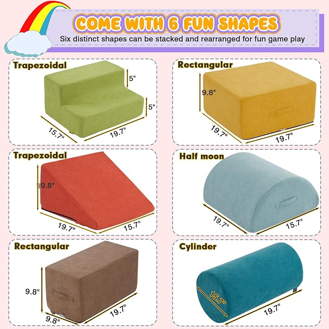 jela Foam Blocks 6Pcs Soft Play Equipment Luxury Miss Fabric, Toddler Climbing Toys Indoor Soft Play Climbing for Toddlers, Lightweight Climbing Blocks for Babies, Kids, Climb and Crawl Foam Playset