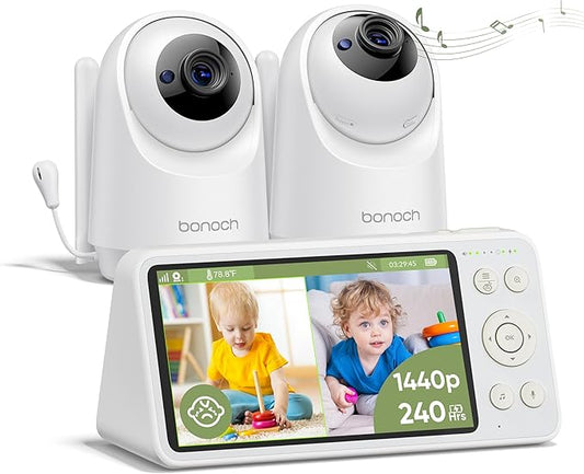 bonoch 5.5" 1440p Baby Monitor with 2 Cameras, Dual Video Monitor with Split Screen, Smart No WiFi Baby Camera, Detect Sleep Turn Over/Cry/Motion, 240h Lasting, WPA3 Hack Proof, White Noise