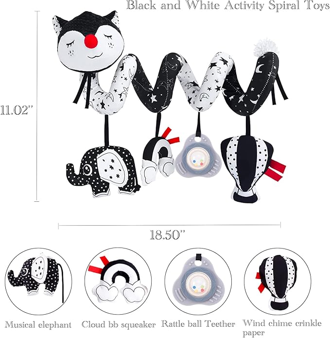 Car Seat Toys, High Contrast Black and White Toy for Infants 0-3 6 12 Months, Musical Black Fox Carseat Toys Stroller Toy for Babies Newborns