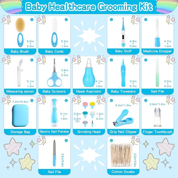 Baby Grooming Kit，Electric Safety Nail Trimmer Baby Nursery Kit，Infant Safety Care Set with Hair Brush Comb Nail Clipper Nasal Aspirator,Baby Essentials Kit for Newborn Girls Boys (21 PC-Blue Kit)