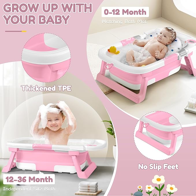 Collapsible Baby Bathtub,Baby Bath Tub with Thermometer & Soft Cushion,Baby Bathtub for Newborn to Toddler 0-36 Months,Portable Travel Baby Tub with No-Slip Feet,Baby Shower Gifts,Pink