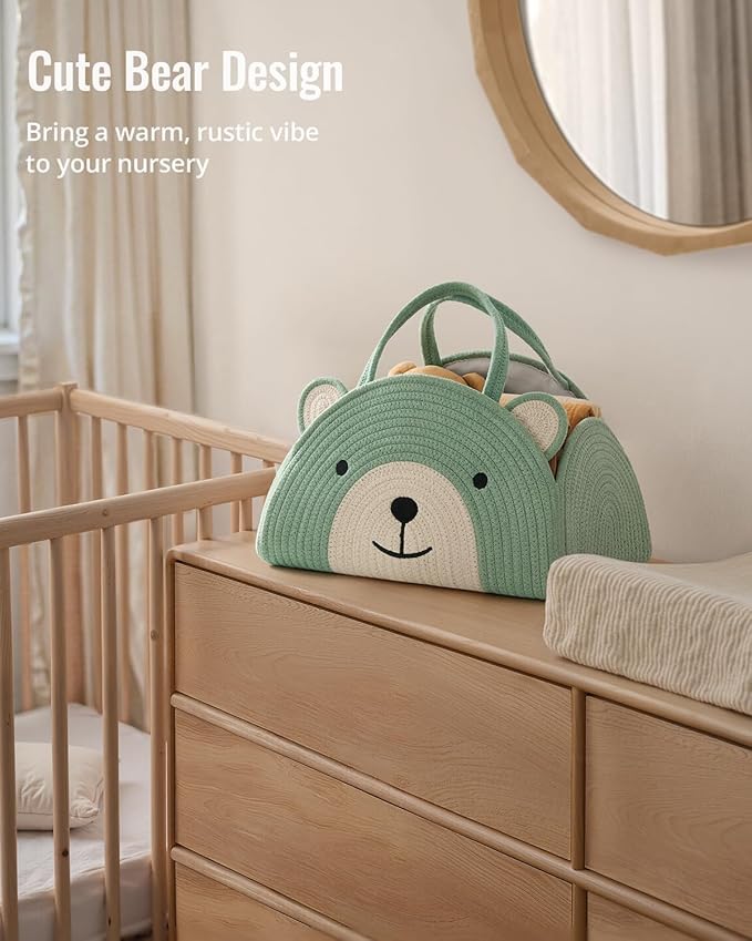 Blissful Diary Baby Diaper Caddy Organizer, Cotton Rope Diaper Caddy Basket, Large Storage Basket, Gift for Baby Shower, Newborn Essentials, Bear Roman Green