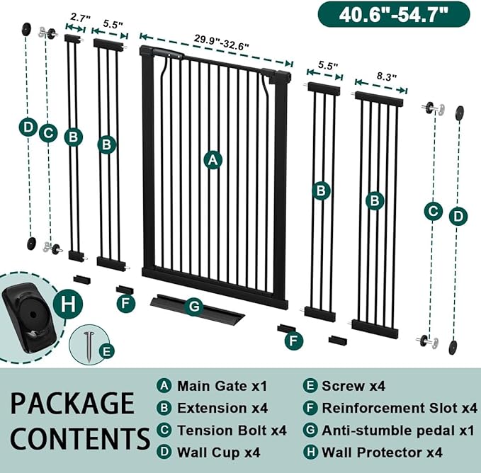 Fairy Baby 40.5" Extra Tall Baby Gate for Stairs, Fits Openings of 40.6" to 54.7" Wide, Extra Wide Dog Gate Indoor, Pressure Mounted Walk Thru Swing Auto Close Metal Puppy Barrier for Doorway, Black