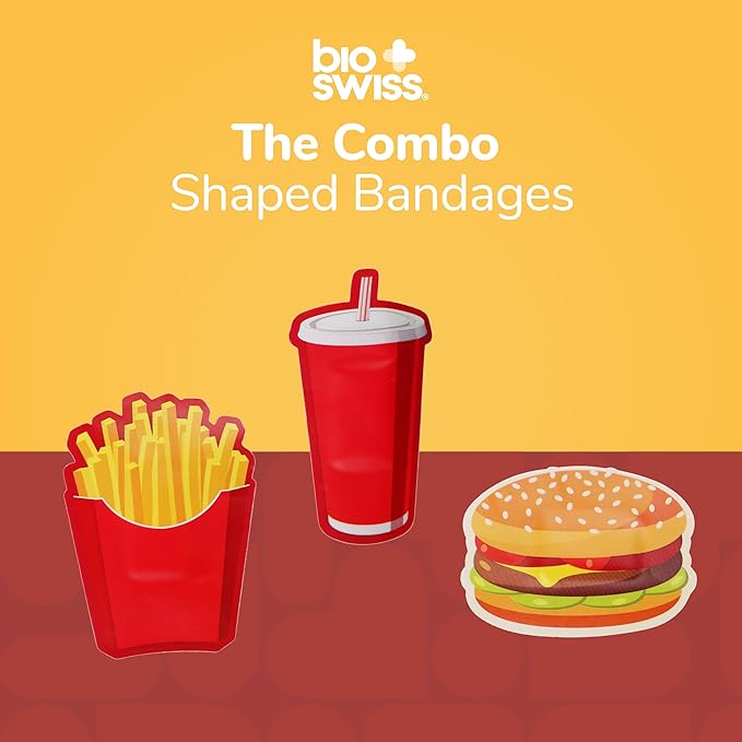 BioSwiss Bandages, Combo Meal Shaped Self Adhesive Bandage, Latex Free Sterile Wound Care, Fun First Aid Kit Supplies for Kids, 24 Count