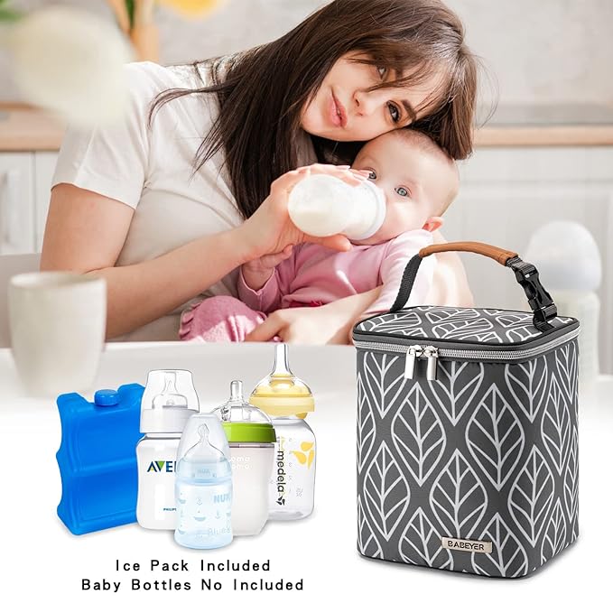 Breast Milk Cooler Bag with Ice Pack Fits 4 Baby Bottles Up to 9 Ounce, Baby Bottle Bag for Nursing Mom Daycare-Grey