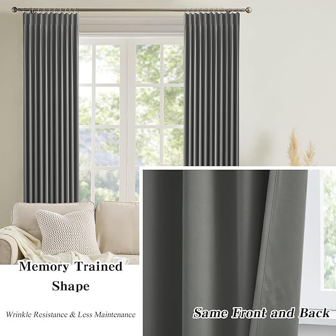 KEQIAOSUOCAI Grey Pinch Pleat Curtains & Drapes 63 Inches Long 2 Panels Set, Privacy Darkening Sound Dampening Window Treatment for Bedroom Vertical Draft Blackout Blinds for Living Room 72 by 63