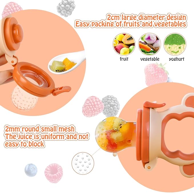 Baby Fruit Food Feeder - Silicone Nibble Tray Combo - Breastmilk Popsicle Mold for Cooling Relief, BPA Free Mesh Feeder for Infant Self Feeding (Monkey Orange + Pineapple)