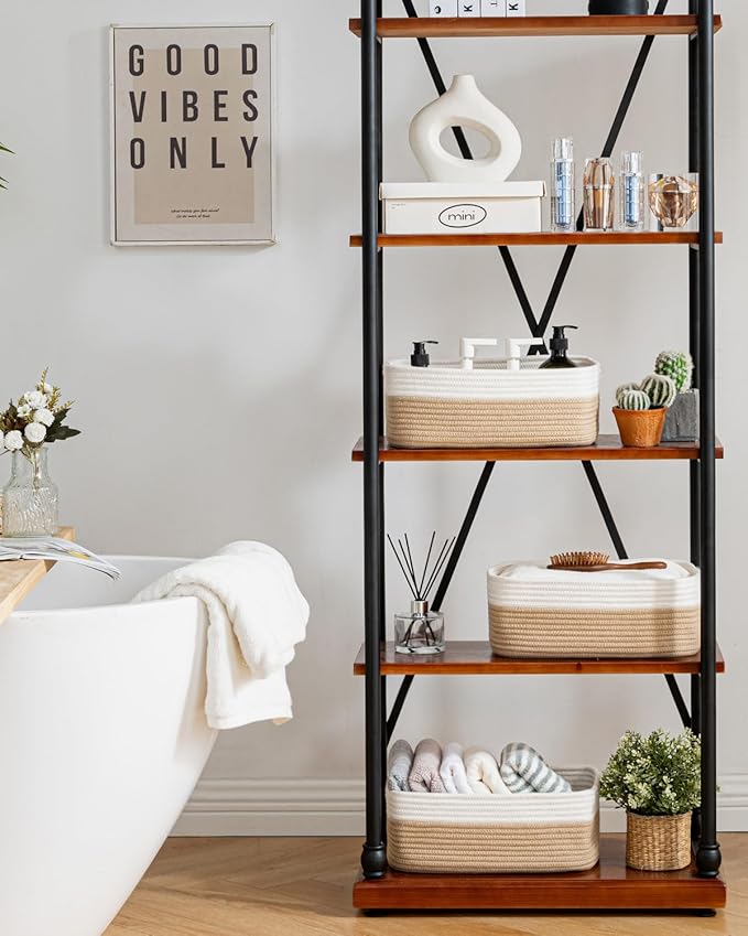 KALLAX Small Woven Basket, 13.5 x 9.5 x 5 Inches, Storage Basket for Organizing, Cute Small Rope Shelf Closet Cube Storage Bins Baskets for Shelves, Dog Toy Gift Baskets Empty, 3 Pack White & Brown