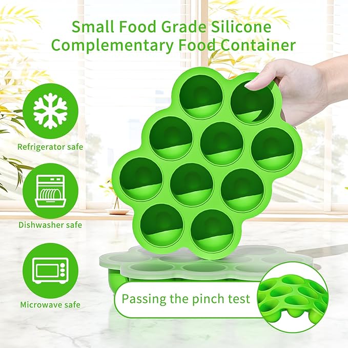 10 Cavities 2 OZ Portions Silicone Baby Food Freezer Tray with Lid,Ice Cube Trays & Molds,Baby Popsicle Mold,Egg Bite Molds,for Freezing and Baking Breast Milk,ice Cube,Egg Bites (Green)