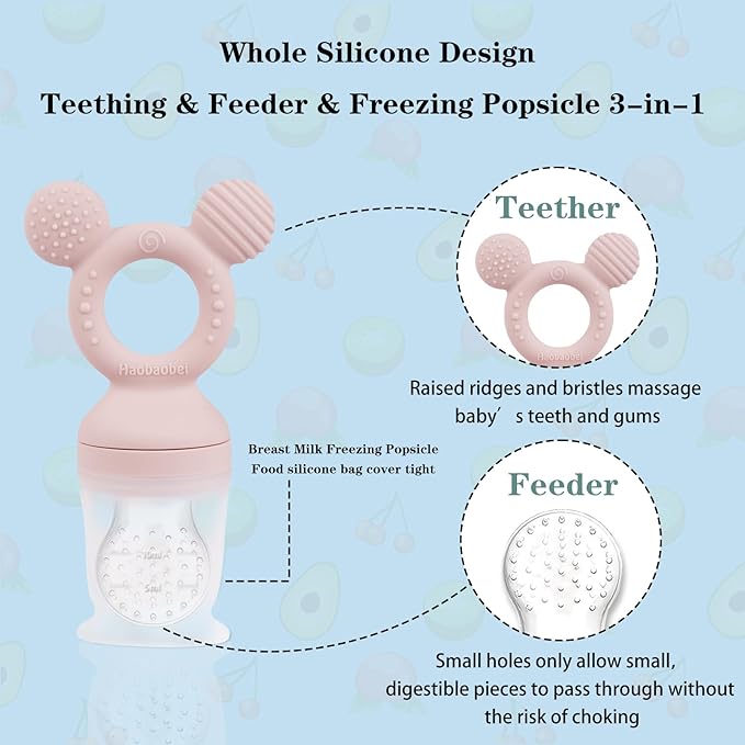 Baby Fruit Feeder, Frozen Teething Toys, Teether Pacifier with 3 Extra Teats, Infant Eating Essentials, BPA Free Baby Feeding Supplies (Pink)