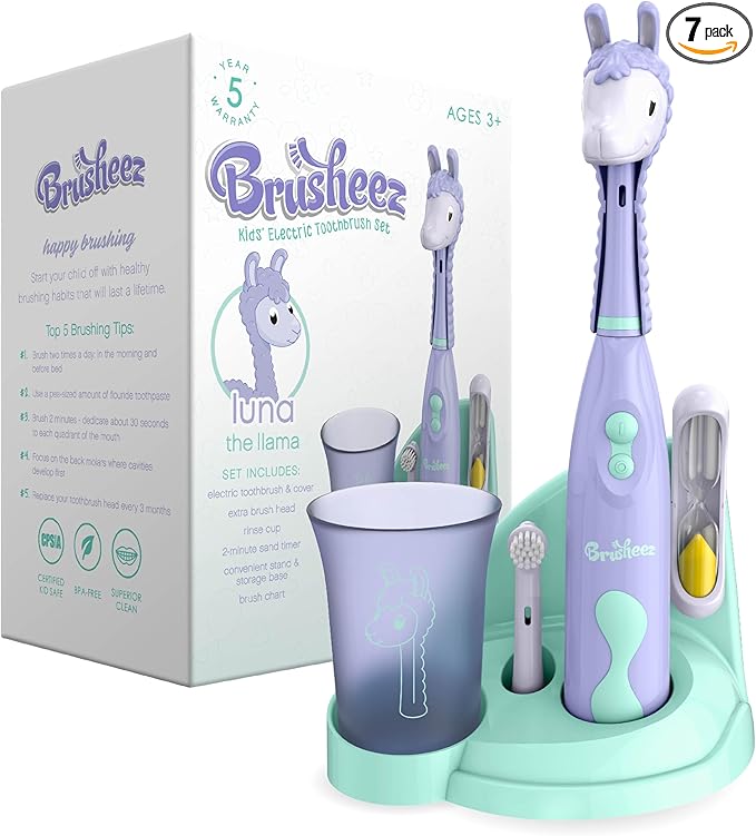 Brusheez Kids’ Electric Toothbrush Set - Safe & Effective for Ages 3+ - Parent Tested & Approved with Gentle Bristles, 2 Brush Heads, Rinse Cup, 2-Minute Timer, & Storage Base (Luna The Llama)