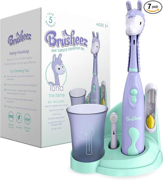 Brusheez Kids’ Electric Toothbrush Set - Safe & Effective for Ages 3+ - Parent Tested & Approved with Gentle Bristles, 2 Brush Heads, Rinse Cup, 2-Minute Timer, & Storage Base (Luna The Llama)