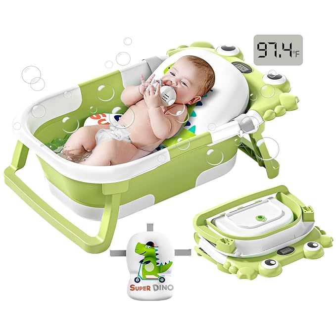 Collapsible Baby Bathtub for Newborns to Toddler with Real-time Temp Monitor & Floating Cushion,Portable Travel Tub for 0-36 Month, Foldable Baby Bath Tub for Infants(Green)