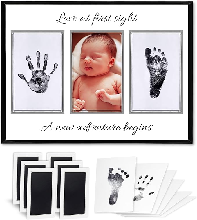 Baby Hand and Footprint Kit with Photo & Birth Details, Inkless Hand and Footprint Kit, Newborn Keepsake Plaque, Baby Shower Gifts (STYLE 2 (Baby Shower) (Love At First Sight))