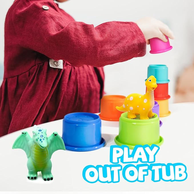 Hely Cancy No Hole Baby Dinosaur Bath Toys for Toddler, Mold Free Kids Bathtub Pool Toys (Dino+Cup)