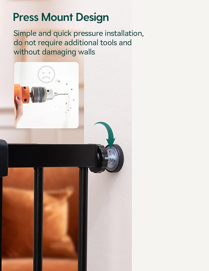 Babelio 29-43" Magnetic Baby Gate for Stairs,Doorways House,Kitchen,30" Tall Pet Barrier with Baffles,Pressure Mounted & Dual-Lock Design Safety for Kids Toddler,Auto-Close/Hold-Open,Black