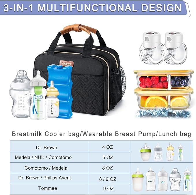 Breastmilk Cooler Bag with Ice Pack Fits 6 Baby Bottles Up to 9 Ounce, Compatible with Wearable Breast Pumps & Accessories-Black